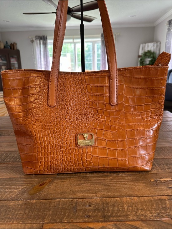 Handbags - Valentina Tradizione Cognac Croc Embossed Genuine Leather Tote Made in Italy